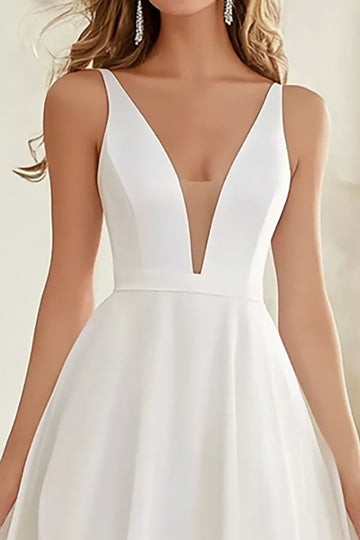 Simple A Line V Neck Ivory Wedding Dress